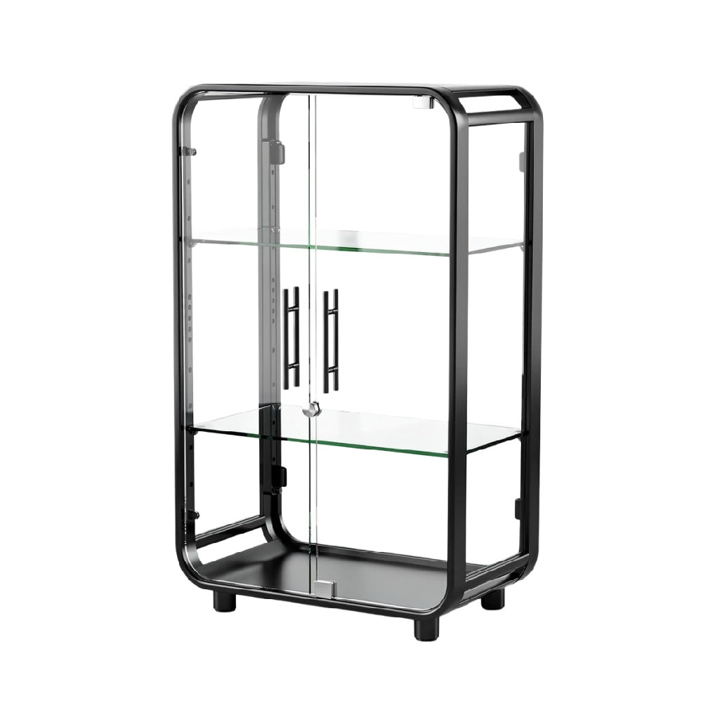 Technische Titel: "Moderne Zwarte Glazen Vitrine met Stalen Frame en Verstelbare Planken"