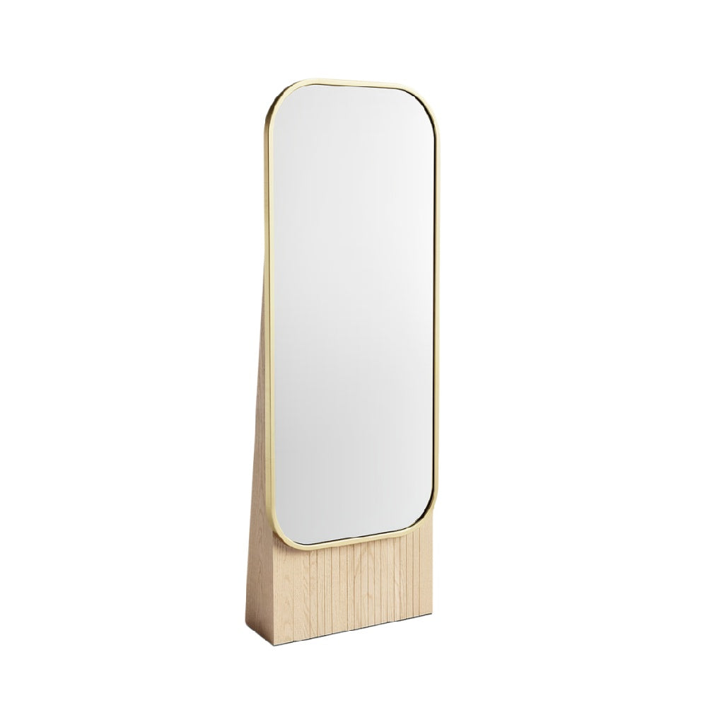 **Moderne Vrijstaande Spiegel met Gouden Rand en Houten Basis**